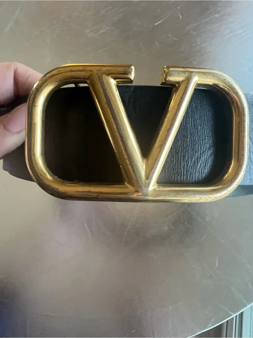 Valentino Garavani Black Leather Belt with Gold V Buckle
